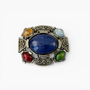 Vintage Scottish Celtic Brooch Art Glass Agate Style Cabochon Pin Mid Century